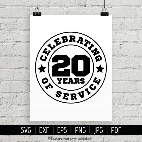 20 Years of Service SVG. Work Anniversary Shirt Files Cutting Machine. Celebrating Retirement Employee Appreciation Badge Silhouette Cricut