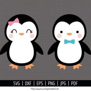 SVG Pingüinos Niña y Niño. Archivos Corte Pingüino Infantil. Clipart Pingüinos con Lazo y Pajarita. Vectores Máquinas Corte Descarga Digital
