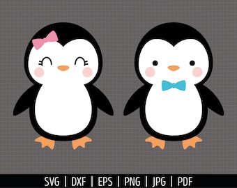 SVG de pingouin. Bébé fille et garçon pingouins PNG Clipart. Enfants pingouin avec noeud et noeud papillon coupe fichiers Silhouette vecteur Machine de découpe Télécharger