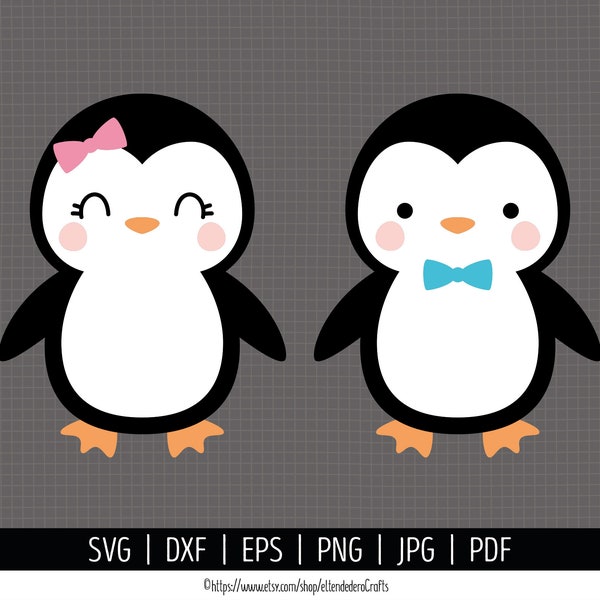 Penguin SVG. Baby Girl and Boy Penguins PNG Clipart. Kids Penguin with Bow and Bowtie Cut Files Silhouette Vector Cutting Machine Download