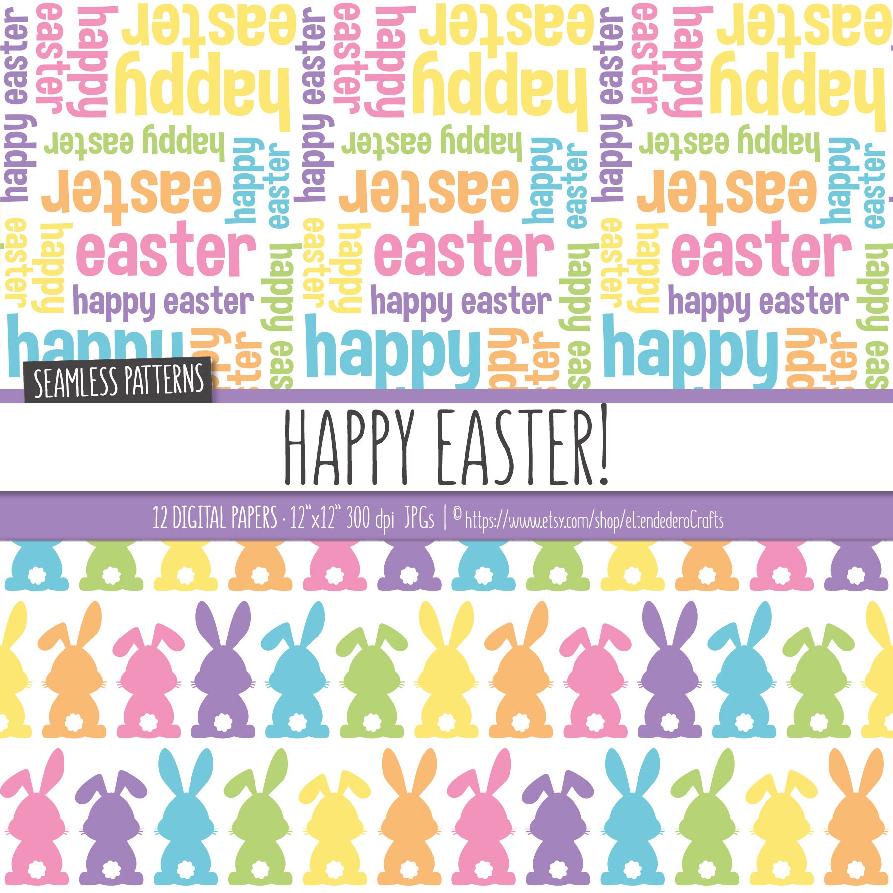 Easter Digital Paper Package. Kids Easter Bunny Seamless Patterns With ...