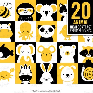 Cartes de naissance imprimables à contraste élevé. Cartes flash sensorielles monochromes Stimulation du nourrisson, formes noir blanc jaune pour bébé téléchargement numérique
