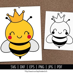 Ape regina SVG. File di taglio dell'ape del fumetto. Doodle vettoriale bambini ape con corona clipart. Download istantaneo di Doodle dxf eps png jpg pdf