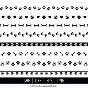 Paw Dividers SVG. Hond pootafdrukken lijn scheidingslijnen gesneden bestanden set, huisdier decoratieve tekstranden png, vector paginascheidingsschot clipart digitale dxf eps