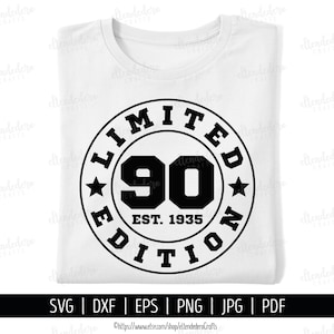 90e verjaardag SVG. Negentig est 1935 shirt vector snijmachine. 90 Years Squad Limited Edition badge gesneden bestanden silhouet Cricut downloaden