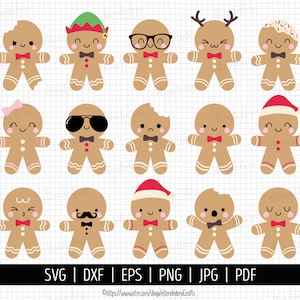 May include: A collection of cartoon gingerbread men with various accessories and expressions. Some gingerbread men wear glasses, antlers, or Santa hats. Others have bites taken out of them. The image includes file type icons: SVG, DXF, EPS, PNG, JPG, and PDF.