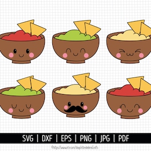 May include: Six cartoon bowls of different dips with chips. The bowls are brown with a white rim and have different facial expressions. The dips are red, green, and yellow. The chips are yellow.