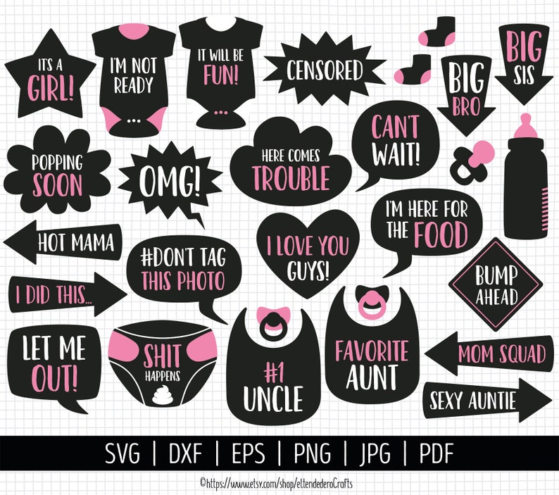 Printable Girl Baby Shower Selfie Station Accessories PNG eps dxf Funny Baby Photo Booth Props SVG Baby Speech Bubbles Vector Cut Files