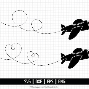 May include: Two black airplane silhouettes with dashed lines showing flight paths. One path is a circle and the other is a heart shape.