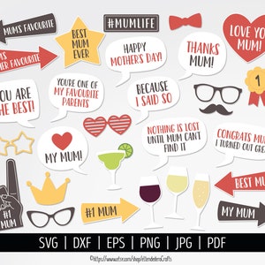 Mothers Day Photo Props SVG. Funny Photo Booth Speech Bubbles Vector Cut Files eps dxf. Printable Mom&#39;s Party Selfie Station Accessories PNG