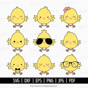 SVG Pollitos. Archivos Corte Pollos Pascua Infantil. Clipart Pollo Niño, Niña, Gafas de Sol. Vectores Máquinas Corte Descarga Digital