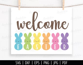 Welcome Easter SVG. Cute Printable Easter Bunnies Sign PNG. Marshmallow Bunny Cut Files Cutting Machine. Digital Vector DXF Instant Download