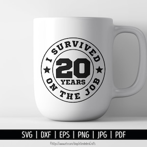 20 jaar op de baan SVG. Werk jubileum shirtbestanden snijmachine. Viering pensioen werknemer waardering badge silhouet Cricut