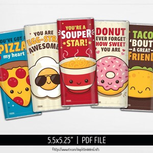 May include: Five colorful gift card holders with food-themed designs. The designs include a pizza slice, an egg with sunglasses, a bowl of soup, a donut, and a taco. Each card has a unique pun and a space to write "from".