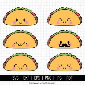 Taco SVG. Cinco de Mayo Cut Files. Mexican Food SVG, Kawaii Taco with Mustache PNG Clipart. Cute Face Shirt Vector Cutting Machine, dxf eps