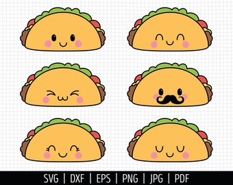 Taco SVG. Cinco de Mayo Cut Files. Mexican Food SVG, Kawaii Taco with Mustache PNG Clipart. Cute Face Shirt Vector Cutting Machine, dxf eps