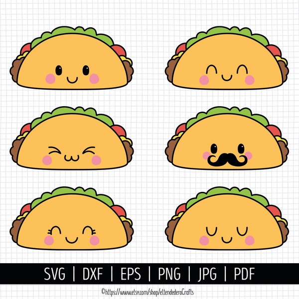 SVG Taco Kawaii. Archivos Corte Cinco de Mayo. Vectores Máquinas Corte, Clipart Comida Mejicana Taco Infantil Digital dxf eps png