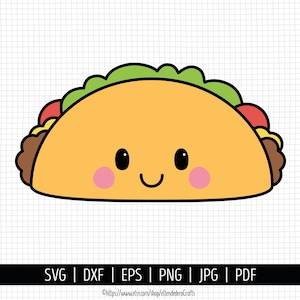 Puede incluir: Una ilustración de taco de dibujos animados con una concha amarilla, lechuga verde, tomates rojos y carne marrón. El taco tiene una cara sonriente con ojos negros y mejillas rosadas. El texto inferior dice SVG | DXF | EPS | PNG | JPG | PDF.