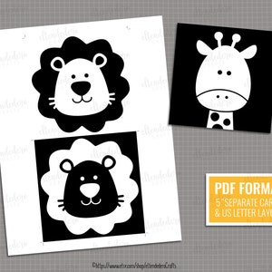 May include: Black and white printable cards featuring a lion and giraffe. The cards are 5 inches in size and are designed for US letter size paper.