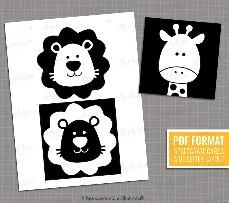 May include: Black and white printable cards featuring a lion and giraffe. The cards are 5 inches in size and are designed for US letter size paper.