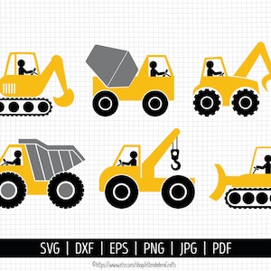 Construction Truck SVG. Vector Construction Vehicles, Excavator Concrete Mixer Digger Dumptruck Crane Bulldozer png Clipart. Cut Files dxf