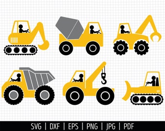 Construction Truck SVG. Vector Construction Vehicles, Excavator Concrete Mixer Digger Dumptruck Crane Bulldozer png Clipart. Cut Files dxf