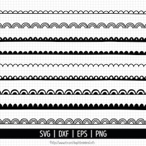 落書きスカラップ仕切り SVG。手描きスカラップリボンカットファイル、装飾ボーダー PNG、ベクターページ仕切りクリップアート。デジタル dxf eps
