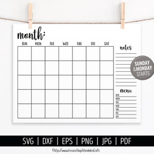Lege kalender SVG. Digitale maandelijkse kalender vector gesneden bestanden snijmachine. Afdrukbare boerderijkalender downloaden. Maandplanner pdf dxf