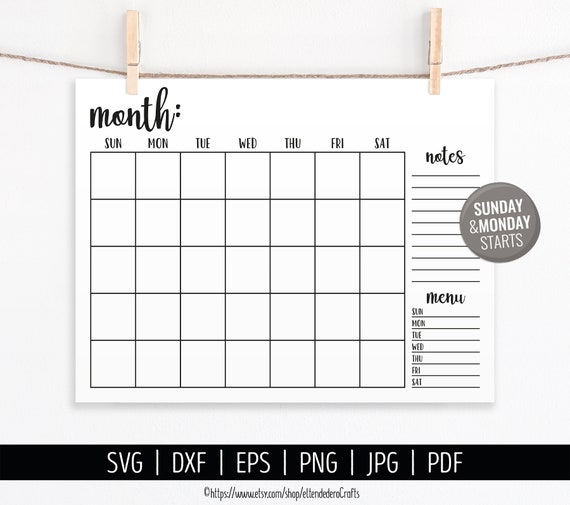 Blank Calendar SVG. Digital Monthly Calendar Vector Cut Files Cutting Machine. Printable Farmhouse Calendar Download. Month Planner pdf dxf
