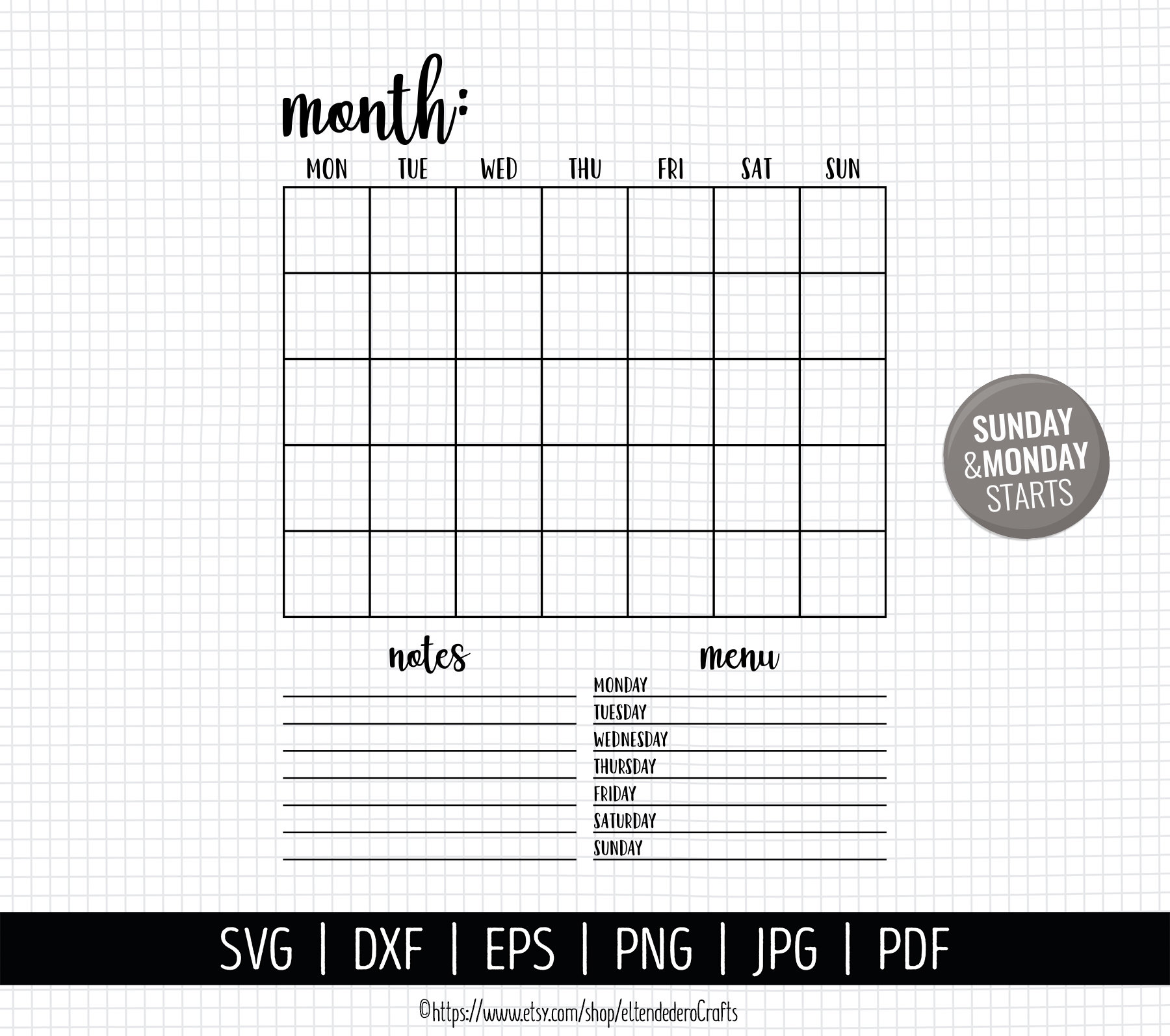 Blank Calendar SVG. Digital Monthly Calendar Vector Cut Files | Etsy