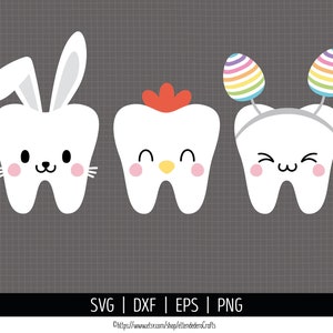 May include: Three white teeth with different cartoon animal faces. The first tooth has bunny ears, the second tooth has a red comb and a yellow beak, and the third tooth has rainbow-colored Easter egg ears.