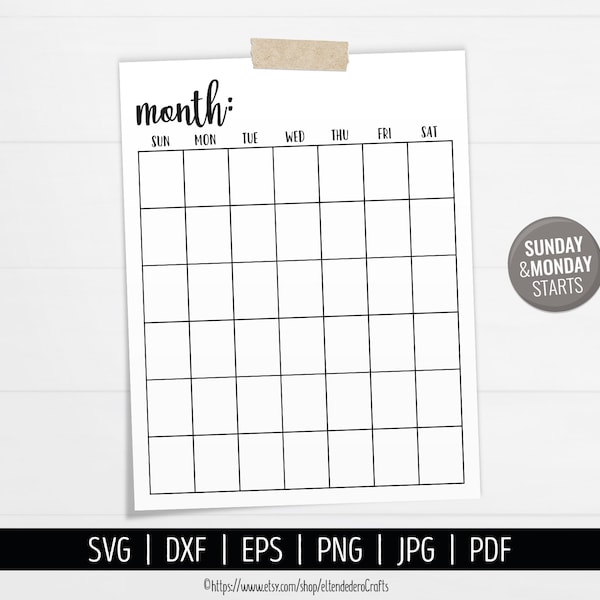 Blank Calendar SVG. Digital Monthly Calendar Vector Cut Files Cutting Machine. Printable Farmhouse Calendar Download. Month Planner pdf dxf