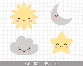 Baby Sun Moon Star Cloud Clipart. Cute Baby Bundle SVG Cut Files, Nursery Vector Files for Cutting Machine, png dxf eps Instant Download