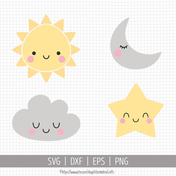 Baby Sun Moon Star Cloud Clipart. Cute Baby Bundle SVG Cut Files, Nursery Vector Files for Cutting Machine, png dxf eps Instant Download