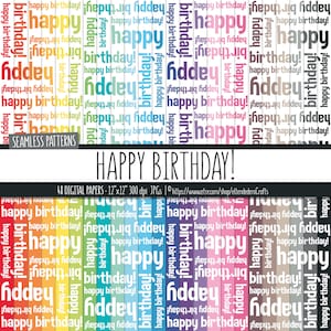 Birthday Digital Paper Set. Rainbow Happy Birthday Patterns. Colorful Kids Party Backgrounds. Printable Multicolor Text Digital Scrapbook