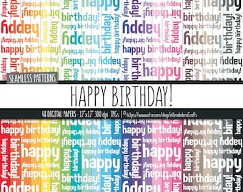 Birthday Digital Paper Set. Rainbow Happy Birthday Patterns. Colorful Kids Party Backgrounds. Printable Multicolor Text Digital Scrapbook