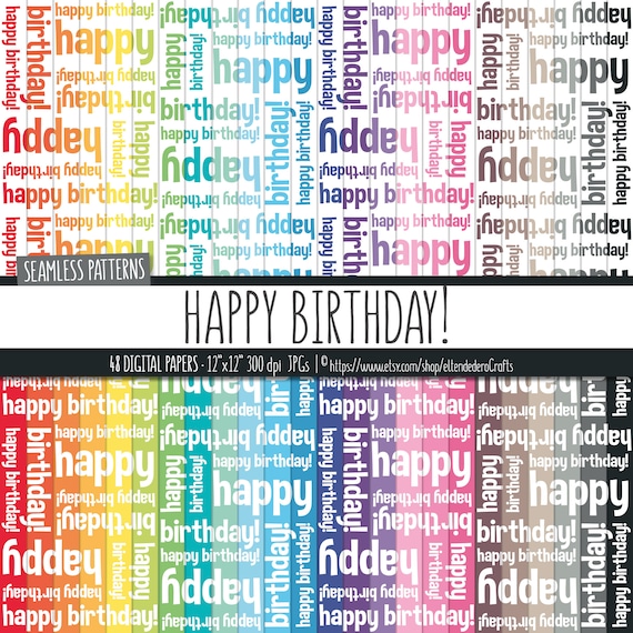 Birthday Digital Paper Set. Rainbow Happy Birthday Patterns. Colorful Kids Party Backgrounds. Printable Multicolor Text Digital Scrapbook