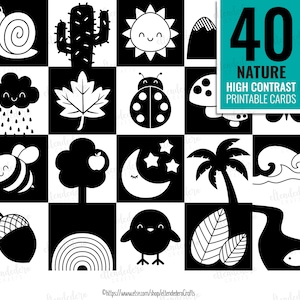 May include: Set of 40 black and white high contrast printable cards featuring nature-themed illustrations. The cards include images of a snail, cactus, sun, cloud, ladybug, mushroom, bee, tree, moon, palm tree, wave, acorn, rainbow, chick, and leaves.