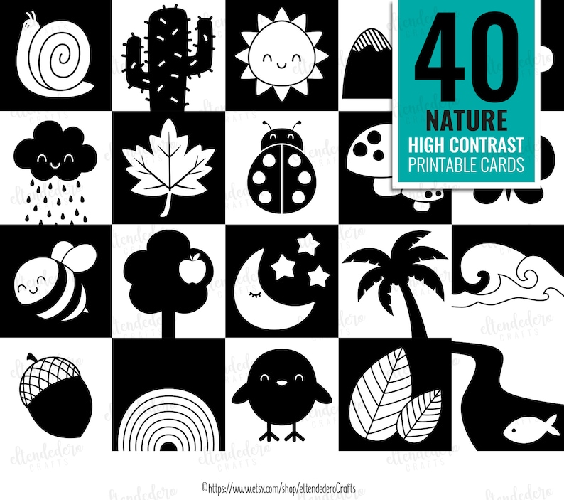 May include: Set of 40 black and white high contrast printable cards featuring nature-themed illustrations. The cards include images of a snail, cactus, sun, cloud, ladybug, mushroom, bee, tree, moon, palm tree, wave, acorn, rainbow, chick, and leaves.