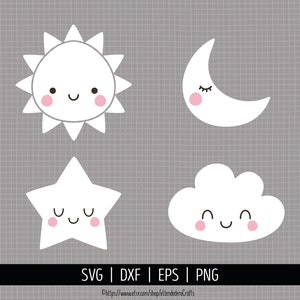 Puede incluir: Un conjunto de cuatro imágenes de dibujos animados blancas con mejillas rosadas y ojos negros. Las imágenes son de un sol, una luna, una estrella y una nube. Cada imagen tiene una cara feliz.