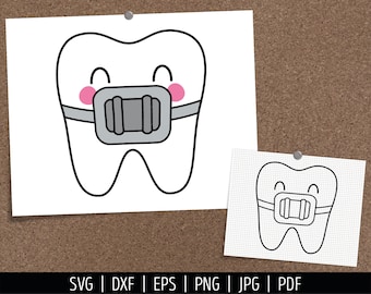 May include: A digital illustration of a white tooth character with a gray orthodontic brace, pink cheeks, and closed eyes. The image includes a secondary black and white line art version on a grid background and the text SVG, DXF, EPS, PNG, JPG, PDF.