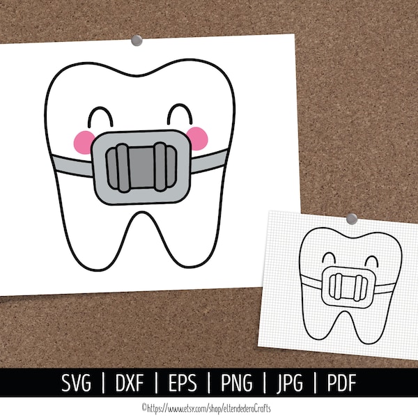 Tooth with Brackets SVG. Dental Cut Files. Vector Kawaii Tooth with Braces. Kids Dentist Clipart. Cutting Download dxf eps png jpg pdf