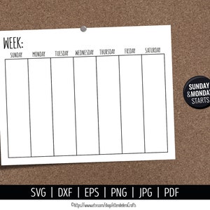 Calendário em branco SVG. Arquivos de corte de vetor de calendário semanal digital Máquina de corte. Download de calendário de fazenda para impressão. Planejador semanal pdf dxf