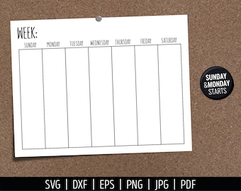 Blank Calendar SVG. Digital Weekly Calendar Vector Cut Files Cutting Machine. Printable Farmhouse Calendar Download. Week Planner pdf dxf
