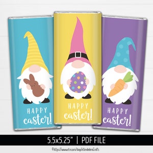 Easter Gnome Chocolate Bar Wrappers. Classroom Happy Easter Large Candy Bar Labels. Digital PDF Easter Candies Treat Wraps Decor Download