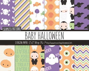 Baby Halloween Digital Paper Package. Trick or Treat Seamless Patterns with Pumpkins, Ghosts, Monsters Backgrounds. Children Party Scrapbook