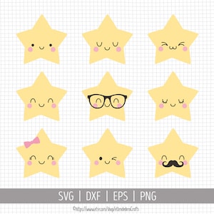 ベビースター SVG。子供向けのかわいい星のクリップアート。かわいい星の顔のバンドルカットファイル、カッティングマシン用ベクターファイル、png dxf eps 即時ダウンロード