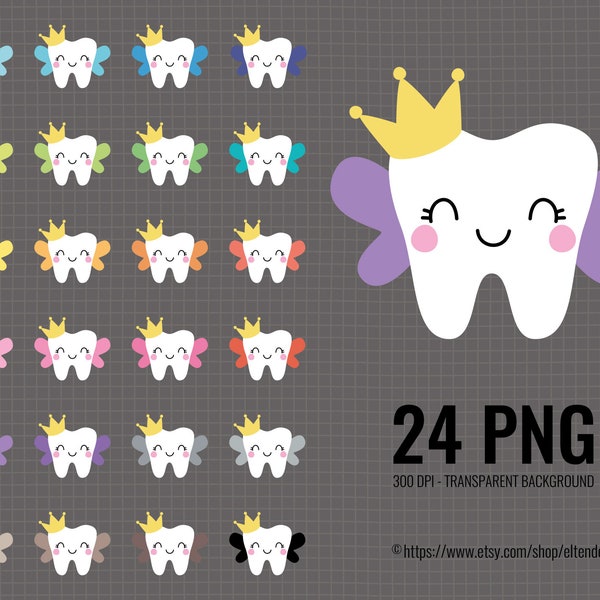 Tooth Fairy Clipart. Digital Girl Tooth with Crown Clip Art,  Kawaii Winged Tooth Icons, Planner Printable Stickers. Tooth Fairy Bag PNG