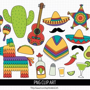 Cinco de Mayo-clipart. Mexicaanse Fiesta-illustraties. Digitaal 5 de Mayo-feest, png. Mexico Cactus Sombrero Snor Pinata Poncho Gitaar Maracas...