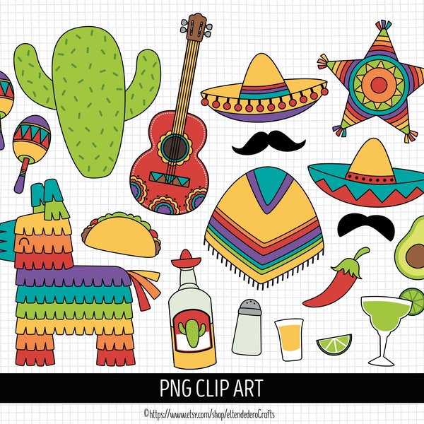 Cinco de Mayo Clipart. Fiesta Mejicana Clip Art. Méjico PNG Digital. Cactus, Sombrero, Bigote, Poncho, Guitarra, Marcas, Tequila, Margarita